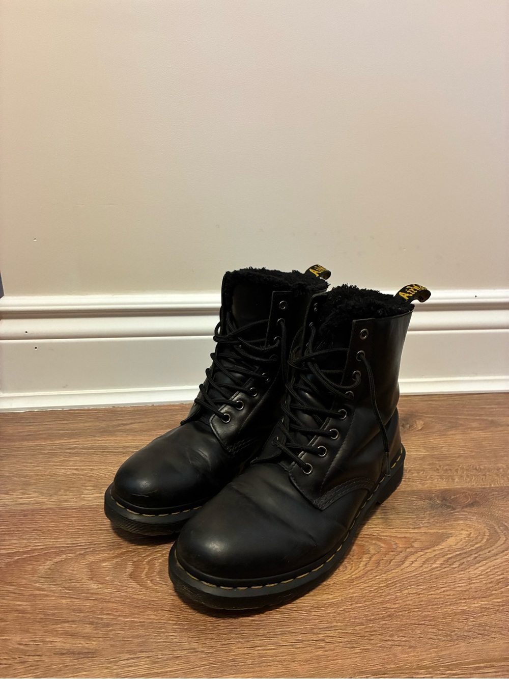 Dr. Martens Women's Black Lace-Up Leather Boots with Shearling Collar